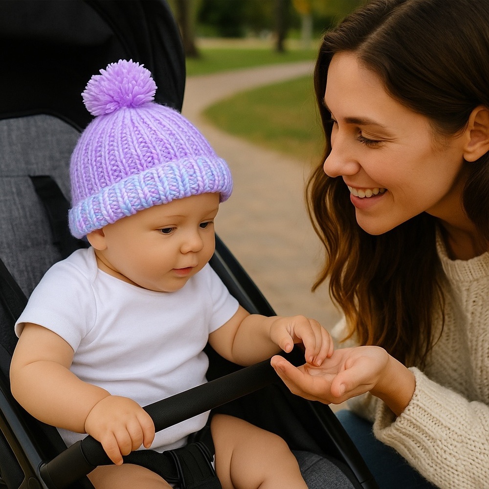 Baby Hat Hand Crafted Purple Knit Pom-Pom Beanie - Picture 5 of 13